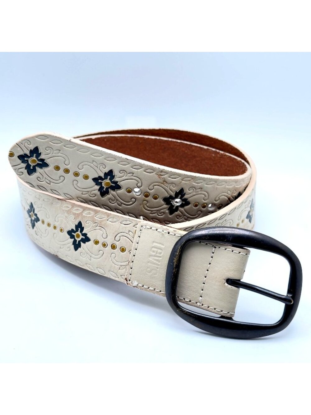 Womens Levis XL Embossed Floral Navy & Cream Boho Belt With Black Metal Buckle